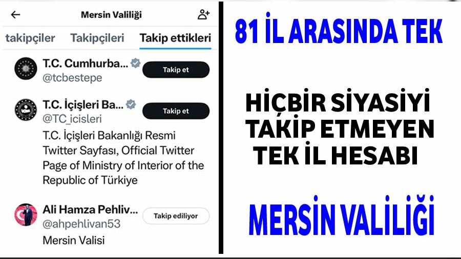 Hibir siyasiyi takip etmeyen tek il hesab Mersin Valilii